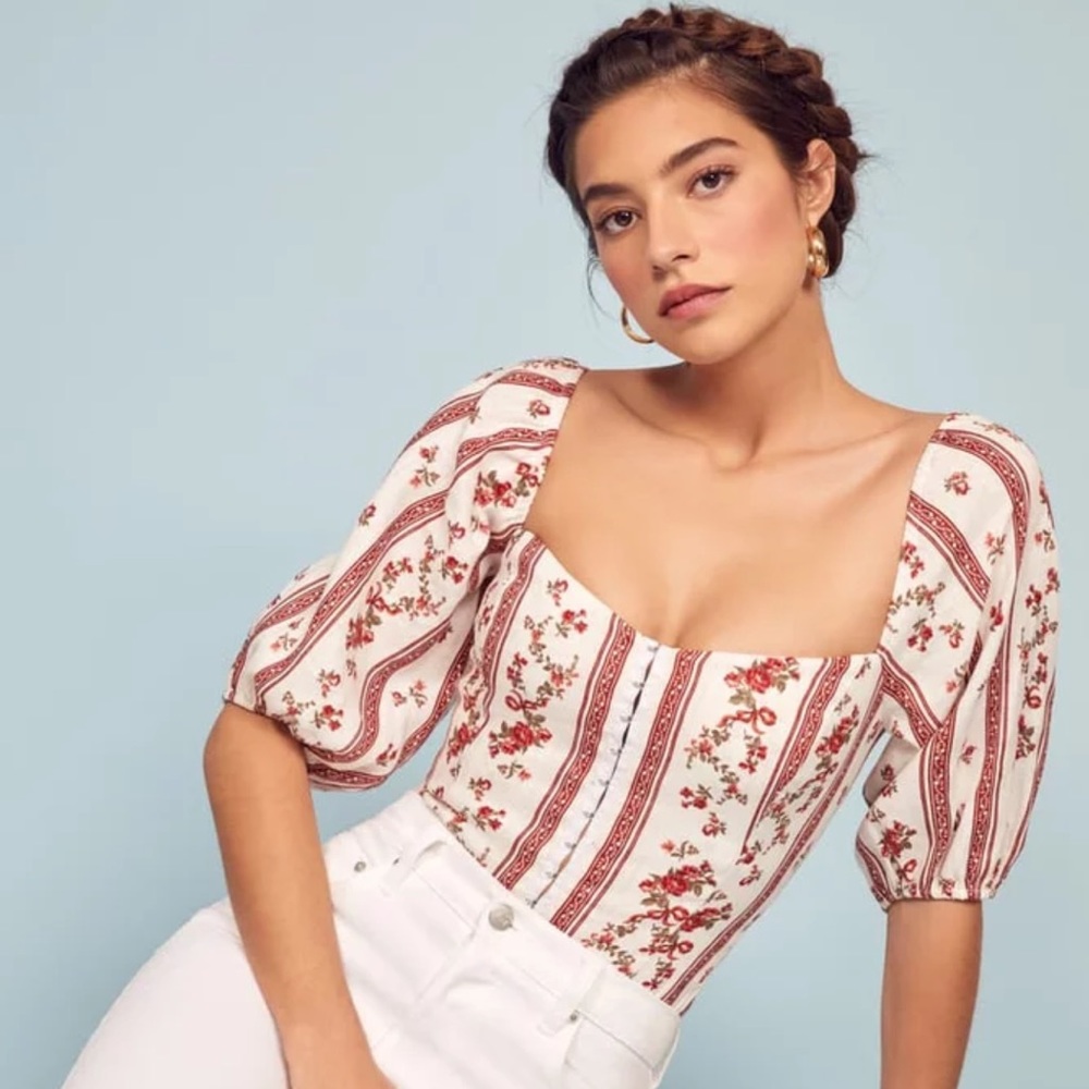 Reformation Romi Linen Puff Sleeve Top